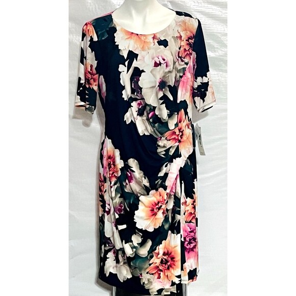 Eliza J Dress Womens 14W Blue Floral Bodycon Ruched Side Sheath Mother Bride - Picture 2 of 16